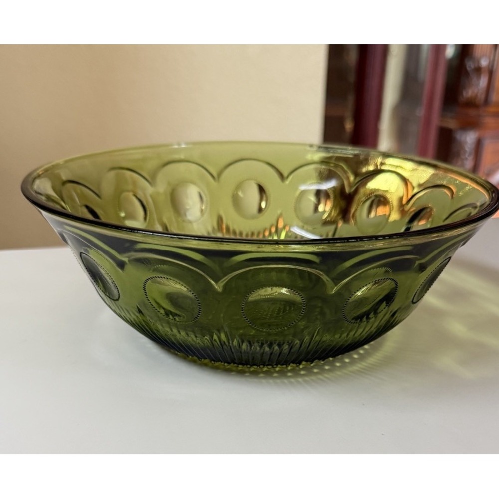 Vintage Green Glass Bartlett Collins Manhattan‎ Bullseye Serving Bowl Dish 8.5x3